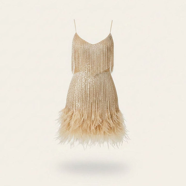 Women's Sequin Fringe Feather-Trim Fitted Cocktail Mini Dress - Gold