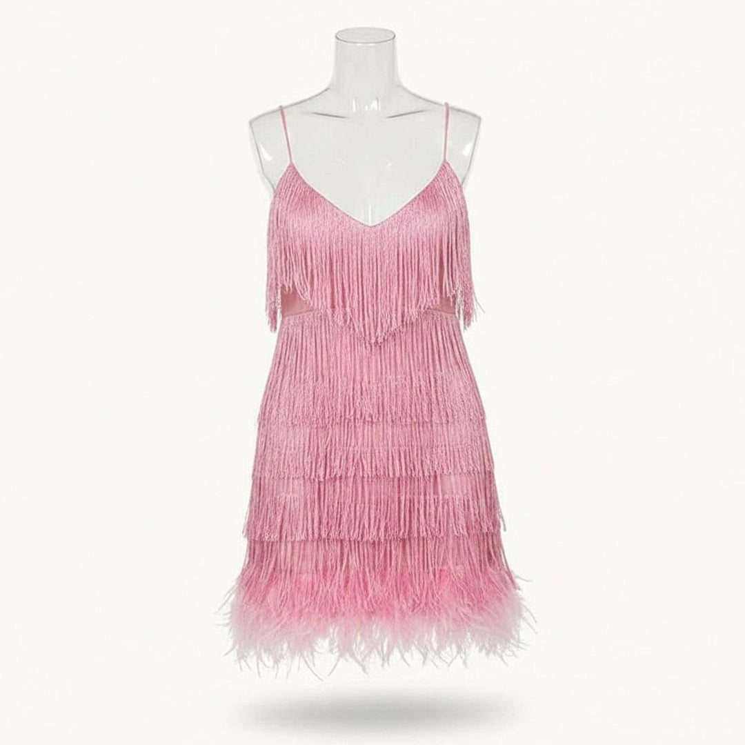 Women's Sequin Fringe Feather-Trim Fitted Cocktail Mini Dress - Dark Pink