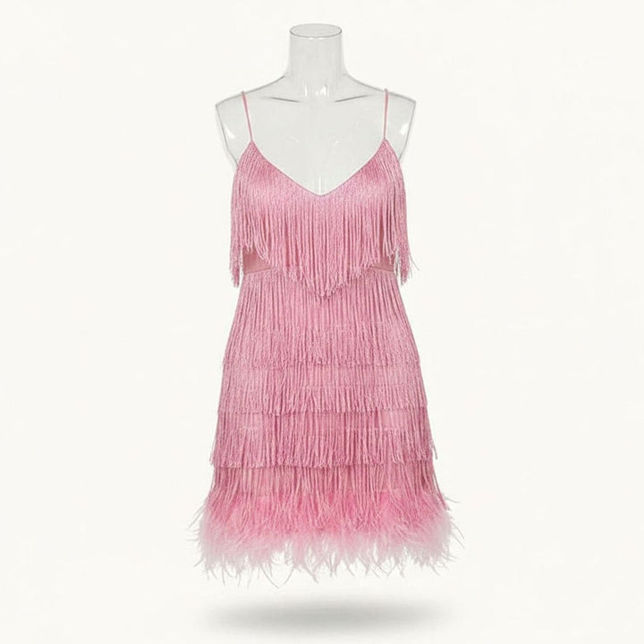 Women's Sequin Fringe Feather-Trim Fitted Cocktail Mini Dress - Dark Pink