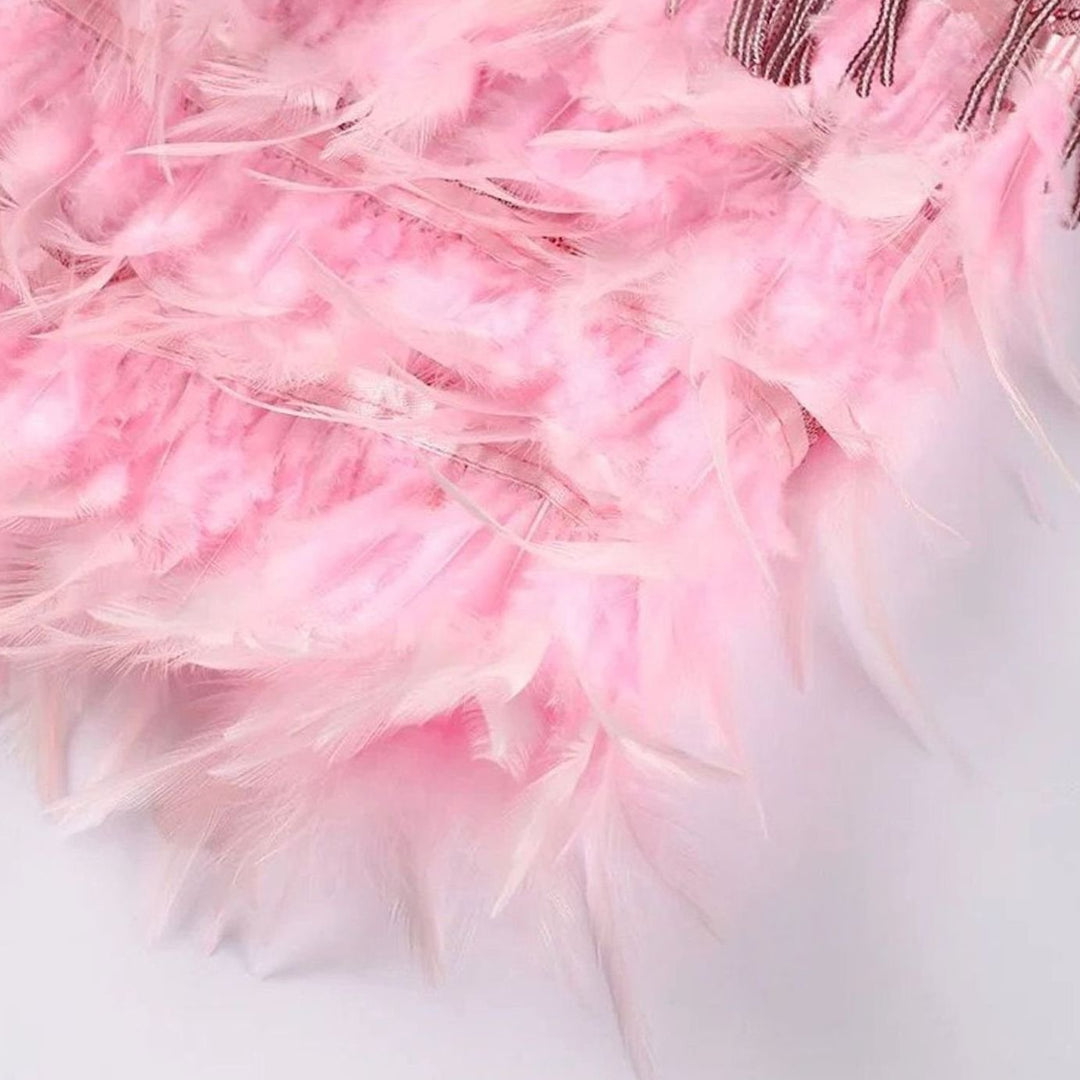 Women's Sequin Fringe Feather-Trim Fitted Cocktail Mini Dress