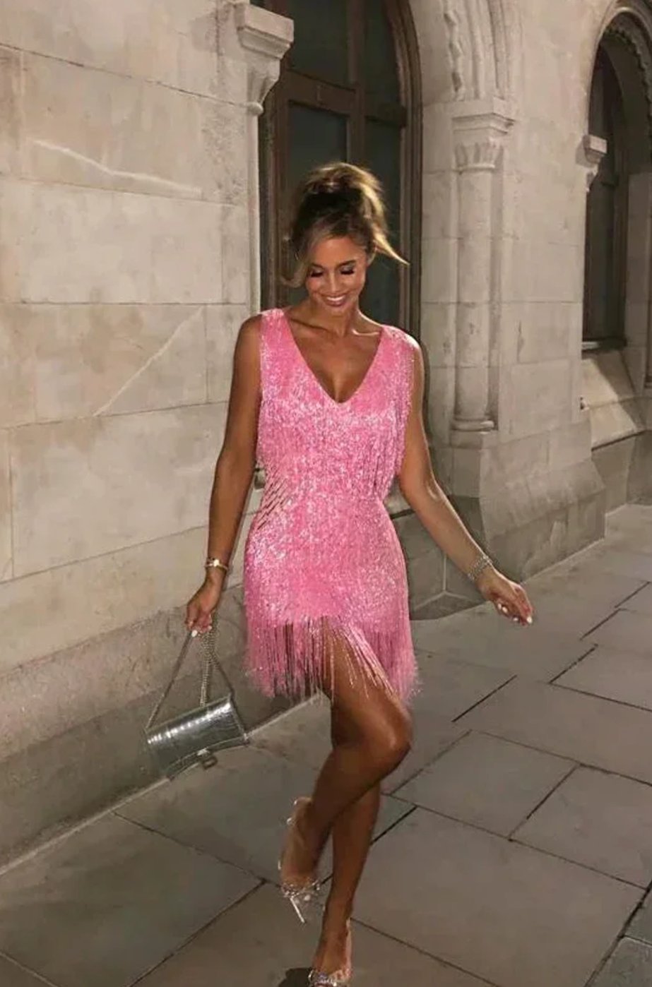 Women's Sequin Fringe V-Neck Fitted Mini Party Dress - Pink