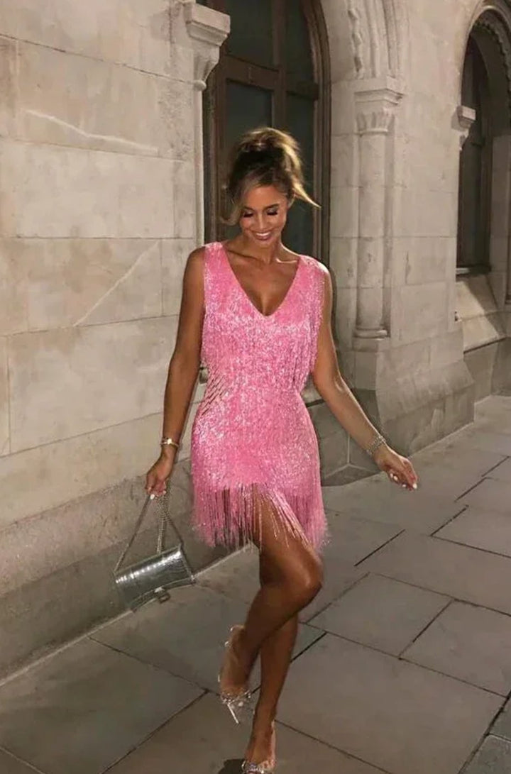 Women's Sequin Fringe V-Neck Fitted Mini Party Dress - Pink