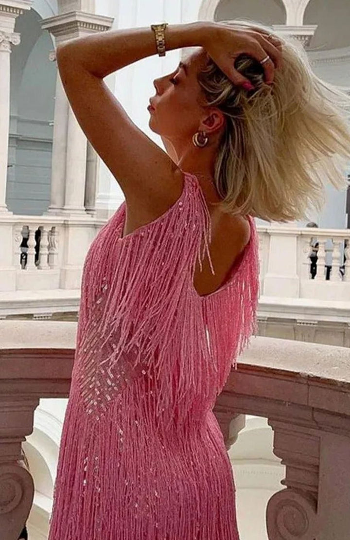 Women's Sequin Fringe V-Neck Fitted Mini Party Dress