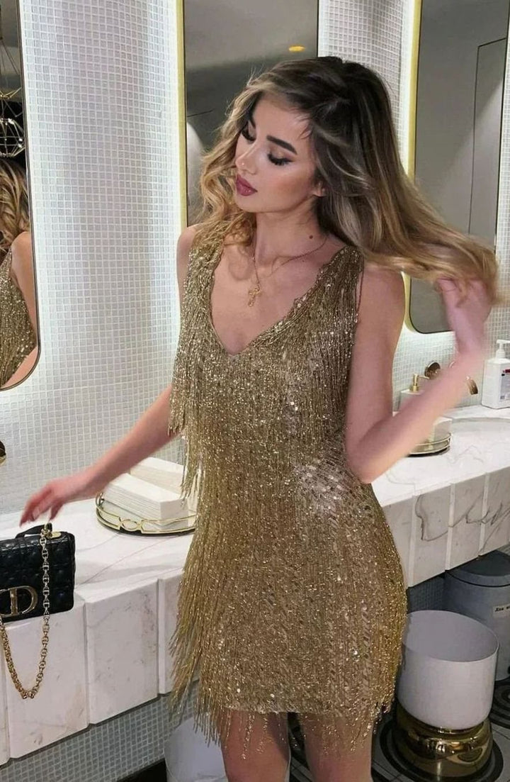 Women's Sequin Fringe V-Neck Fitted Mini Party Dress