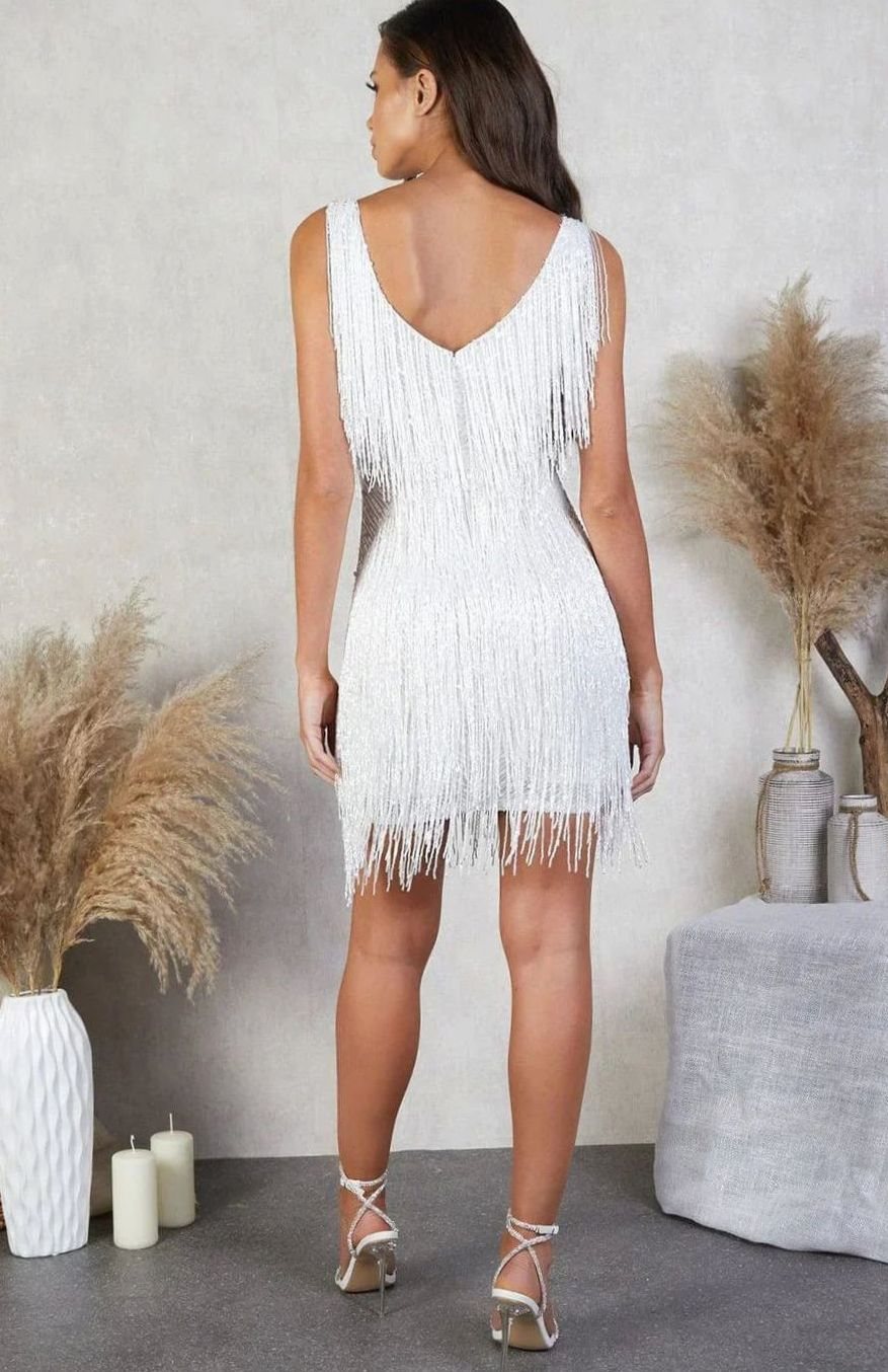 Women's Sequin Fringe V-Neck Fitted Mini Party Dress