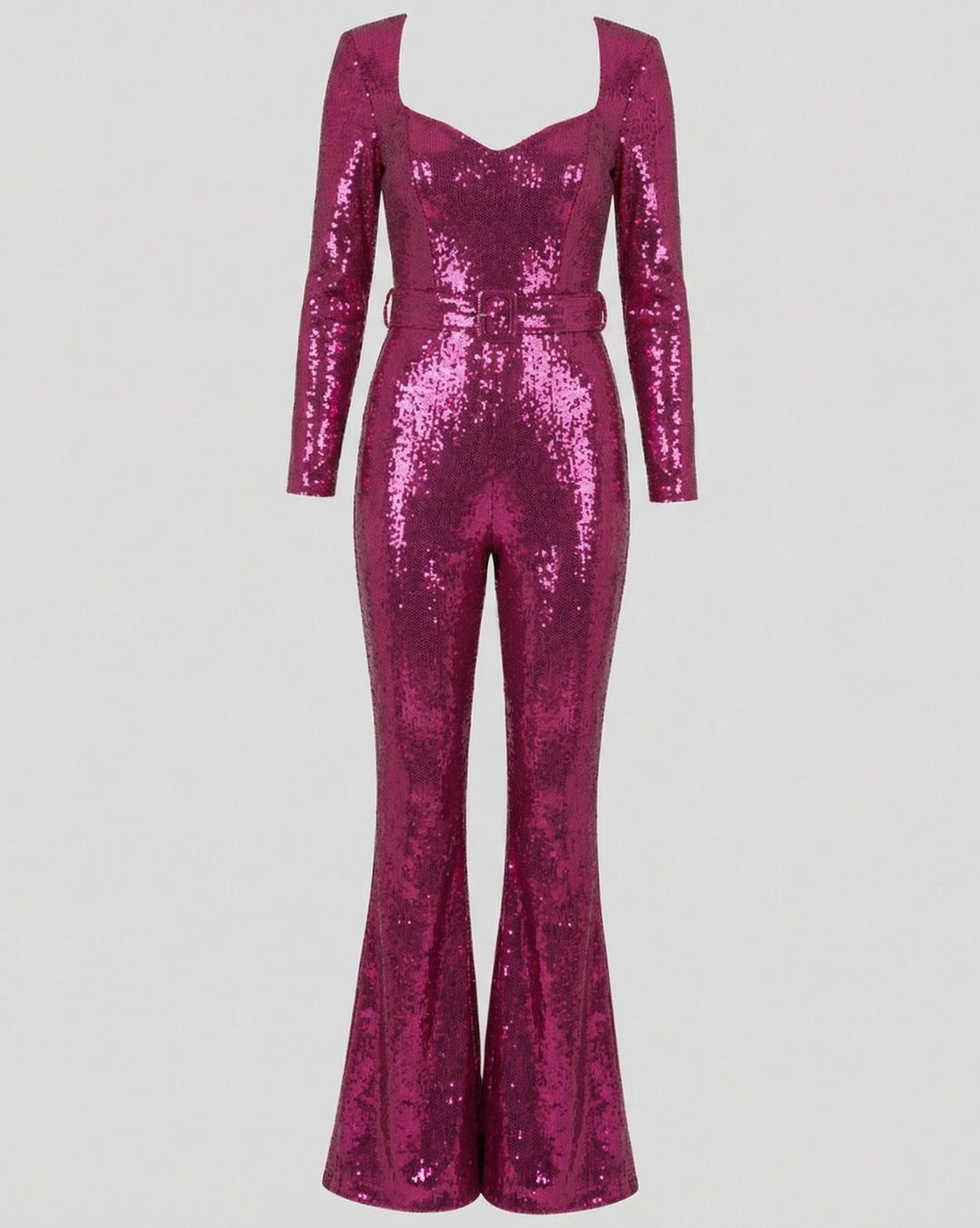 Women's Sequin Long-Sleeve Belted Flare-Leg Jumpsuit