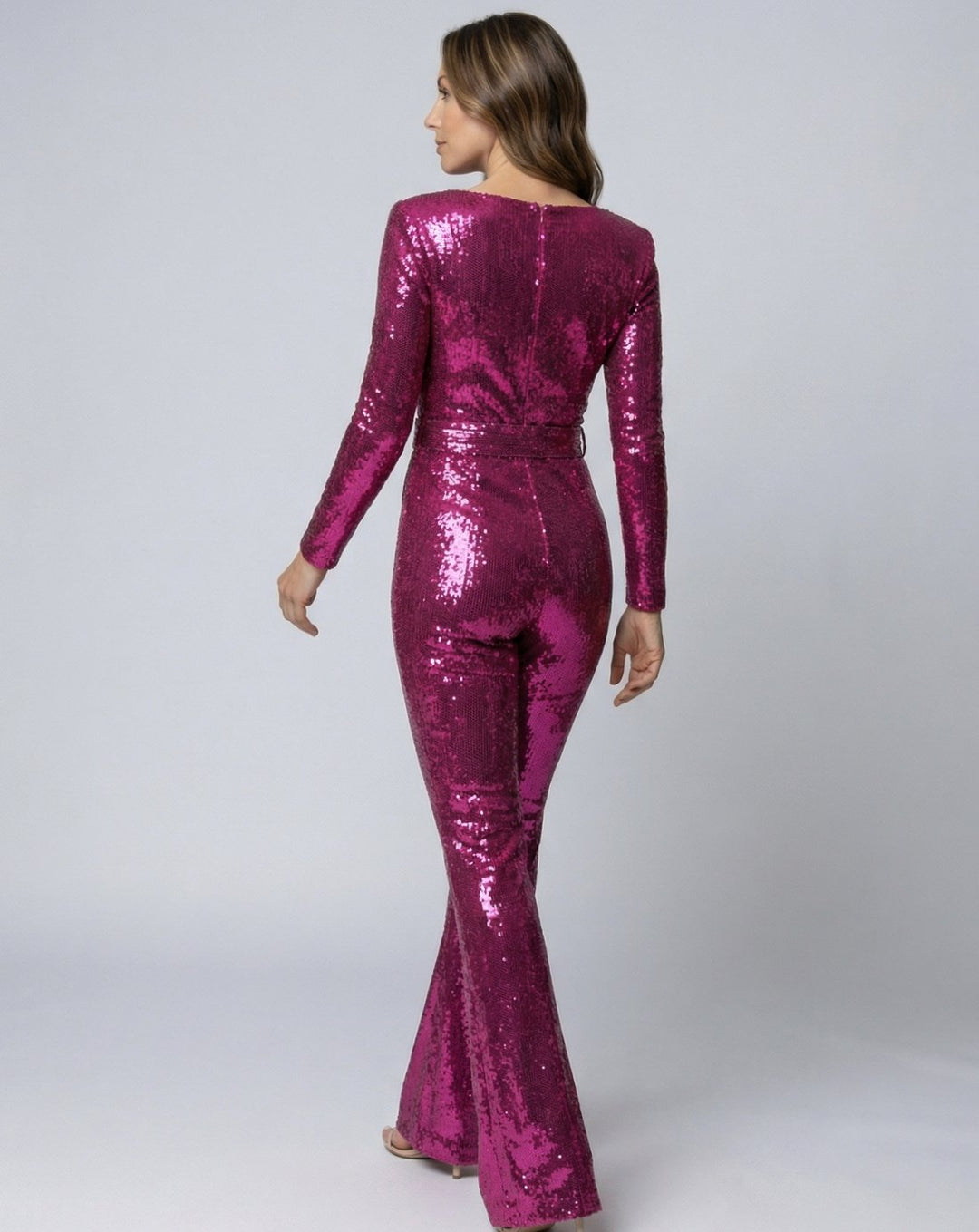 Women's Sequin Long-Sleeve Belted Flare-Leg Jumpsuit