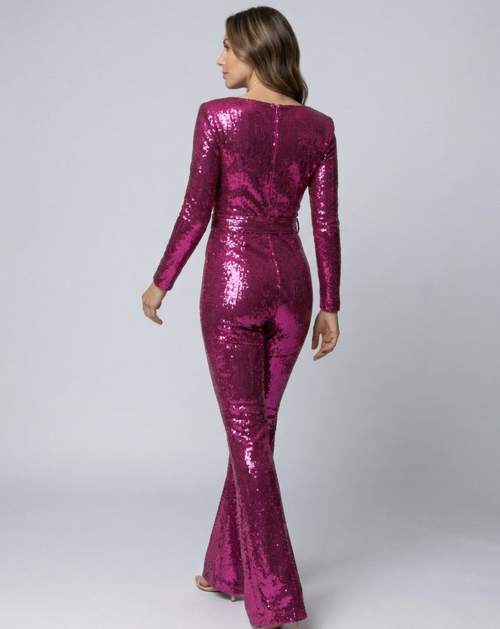 Women's Sequin Long-Sleeve Belted Flare-Leg Jumpsuit