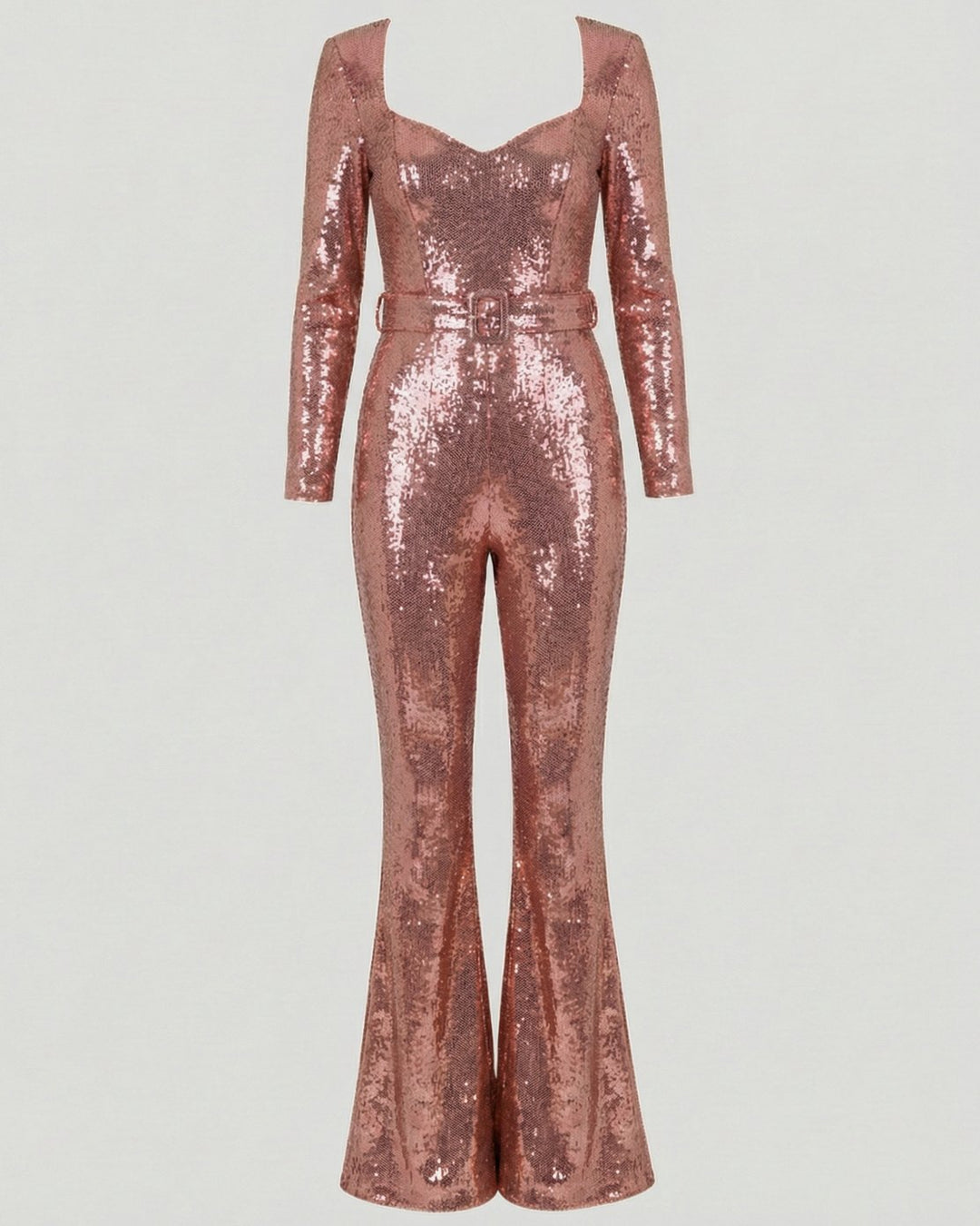 Women's Sequin Long-Sleeve Belted Flare-Leg Jumpsuit - Rose Gold