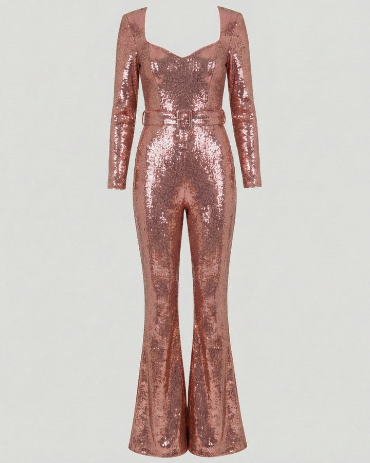 Women's Sequin Long-Sleeve Belted Flare-Leg Jumpsuit - Rose Gold