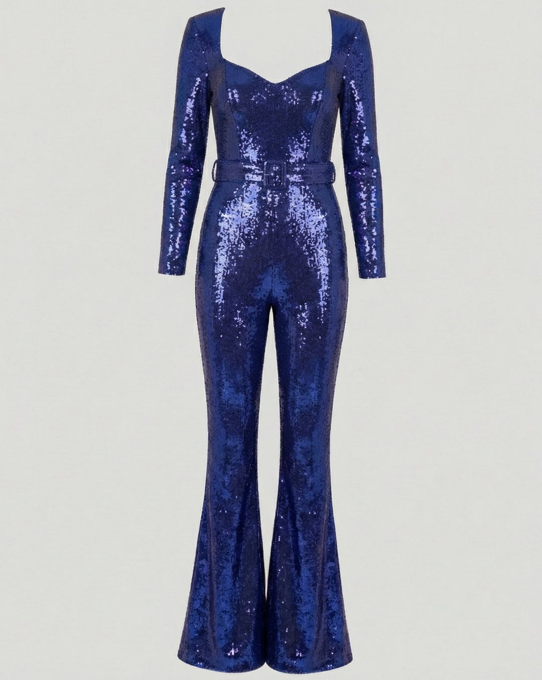 Women's Sequin Long-Sleeve Belted Flare-Leg Jumpsuit - Blue