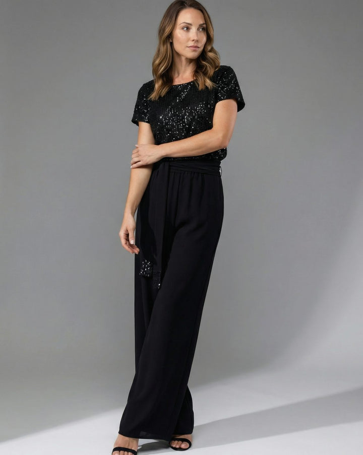 Women's Sequin-Top Wide-Leg Belted Jumpsuit - Black