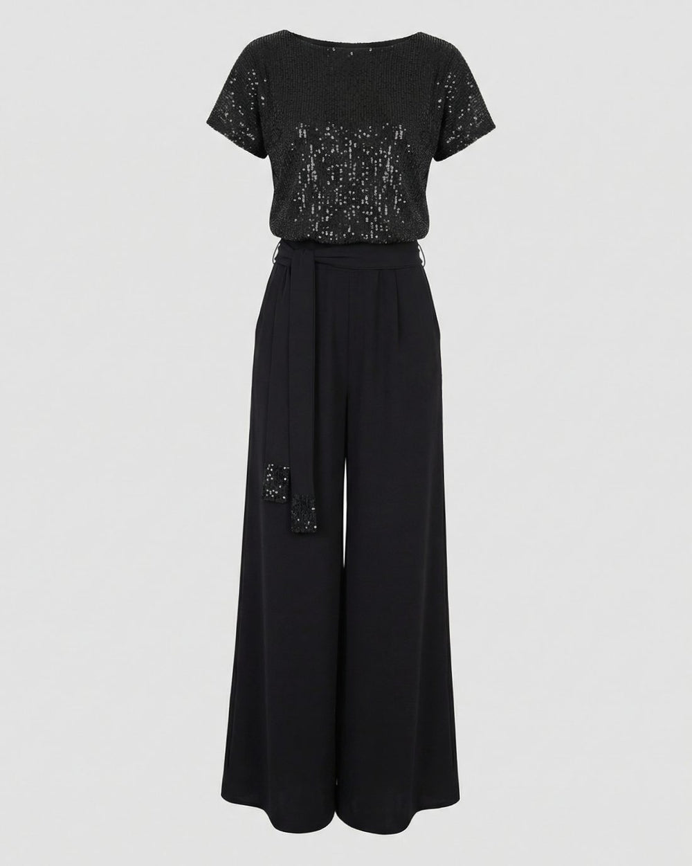 Women's Sequin-Top Wide-Leg Belted Jumpsuit