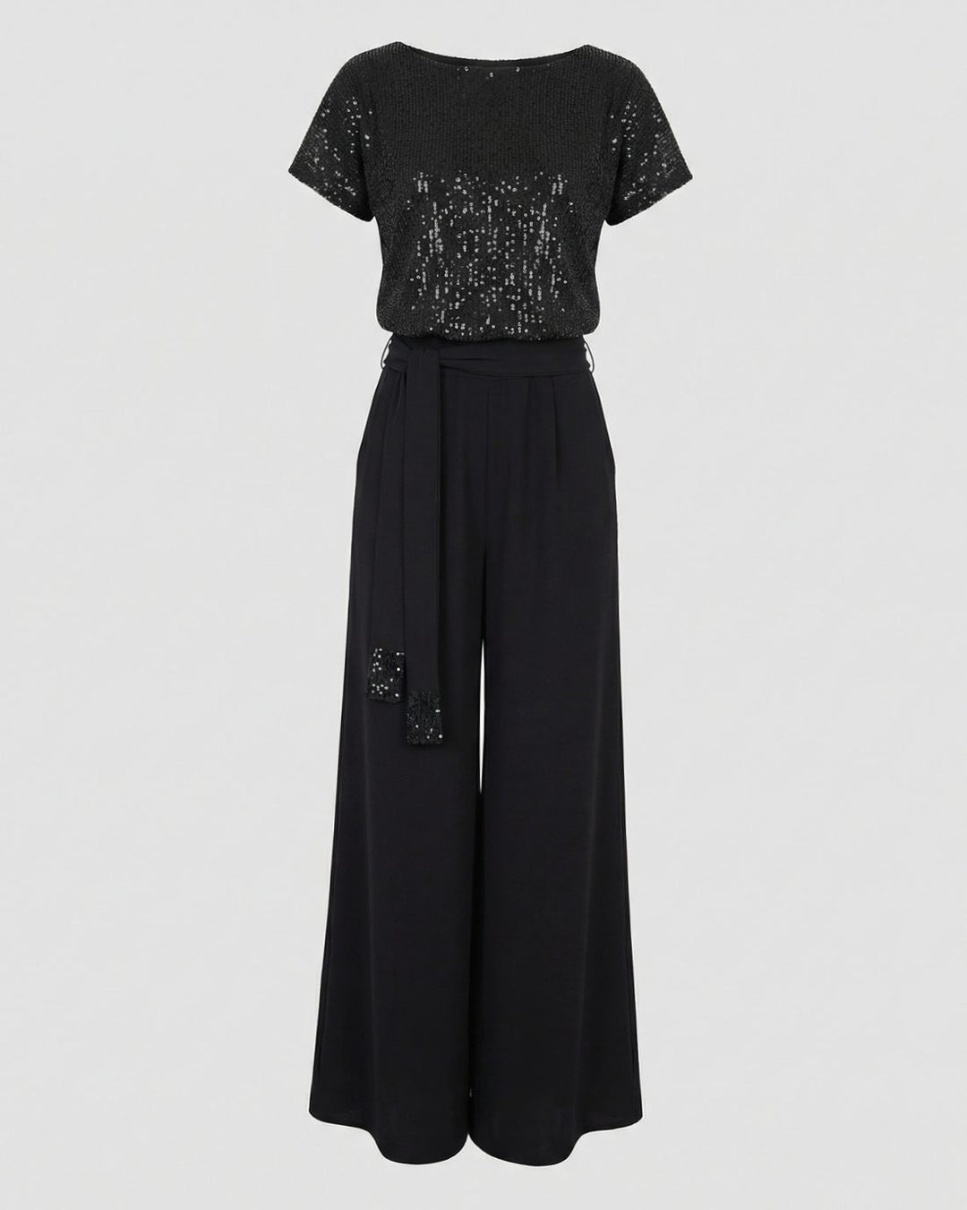 Women's Sequin-Top Wide-Leg Belted Jumpsuit