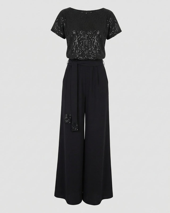Women's Sequin-Top Wide-Leg Belted Jumpsuit
