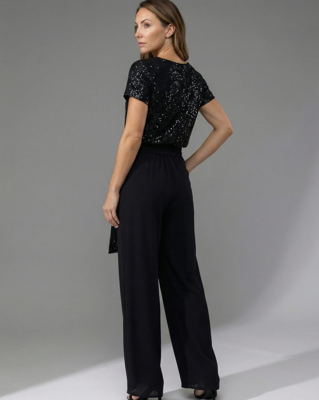 Women's Sequin-Top Wide-Leg Belted Jumpsuit