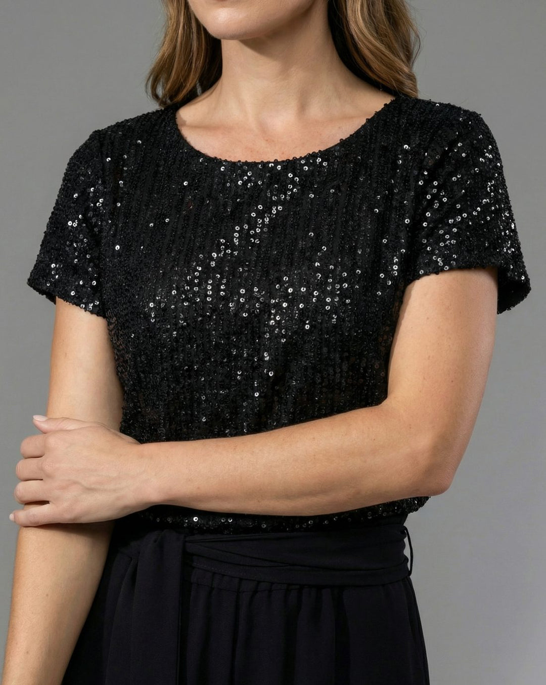 Women's Sequin-Top Wide-Leg Belted Jumpsuit