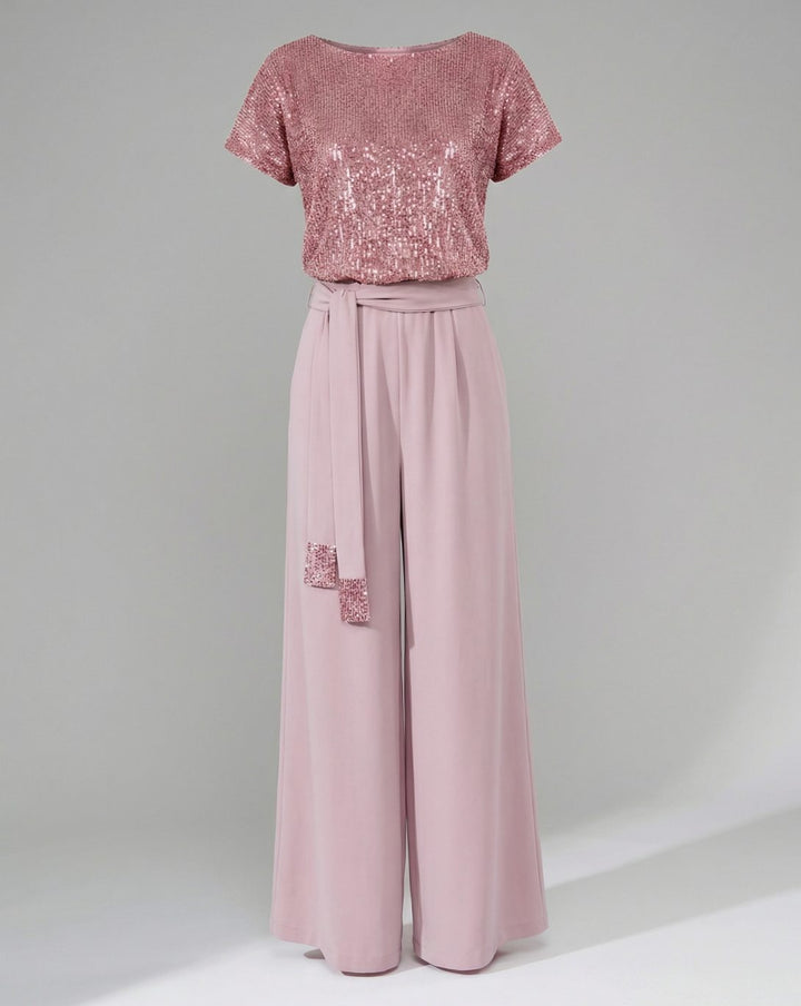 Women's Sequin-Top Wide-Leg Belted Jumpsuit - Pink