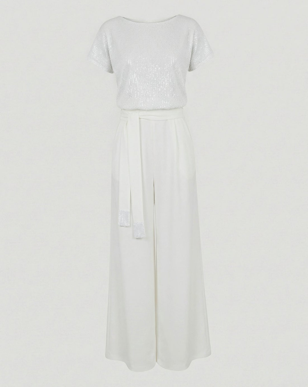 Women's Sequin-Top Wide-Leg Belted Jumpsuit - White