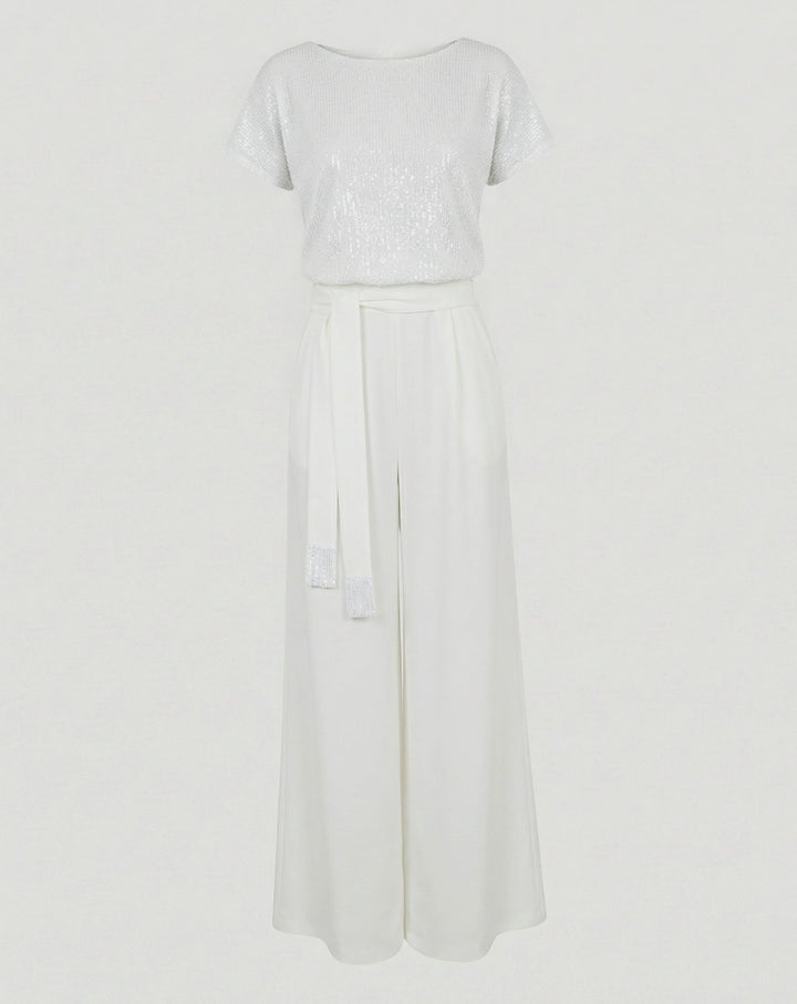 Women's Sequin-Top Wide-Leg Belted Jumpsuit - White