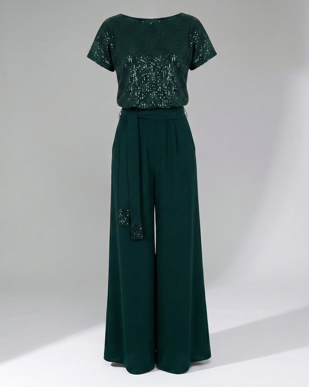Women's Sequin-Top Wide-Leg Belted Jumpsuit - Green