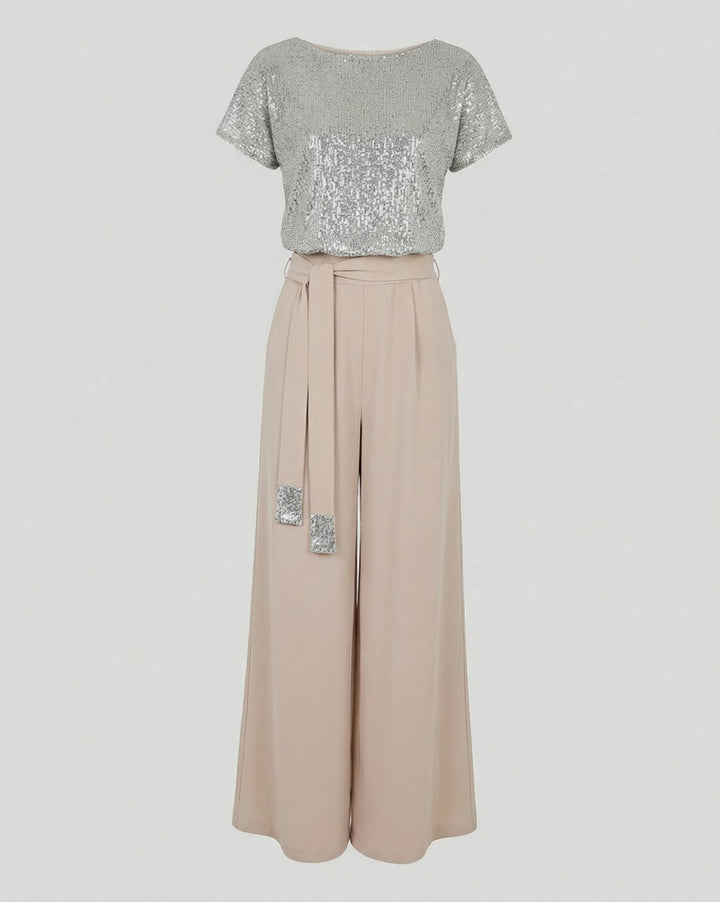 Women's Sequin-Top Wide-Leg Belted Jumpsuit