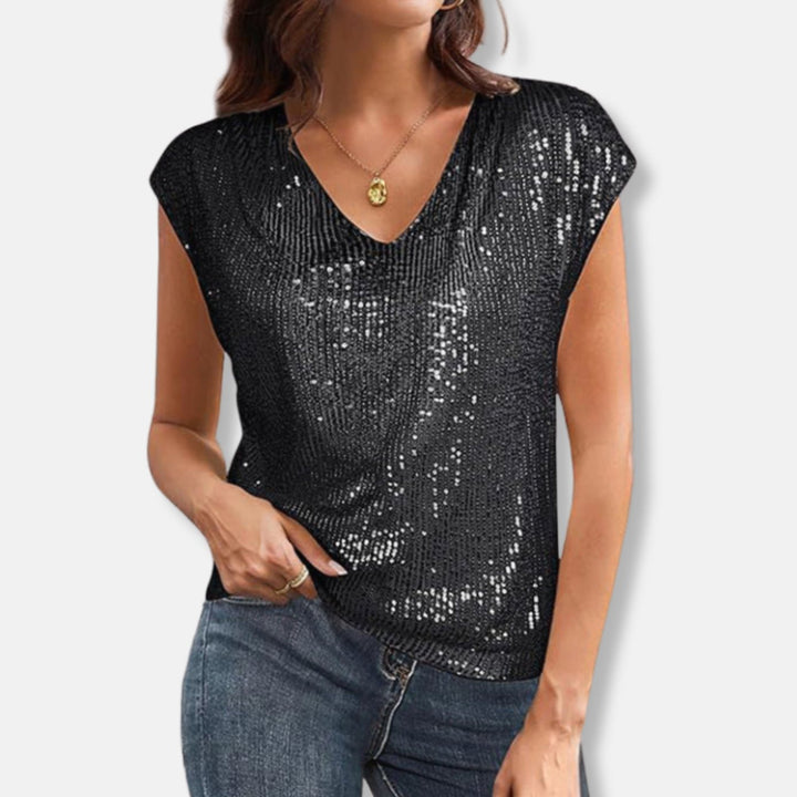 Women's Sequin V-Neck Cap-Sleeve Going Out Top - Black