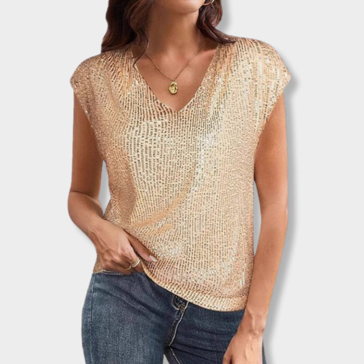 Women's Sequin V-Neck Cap-Sleeve Going Out Top - Gold