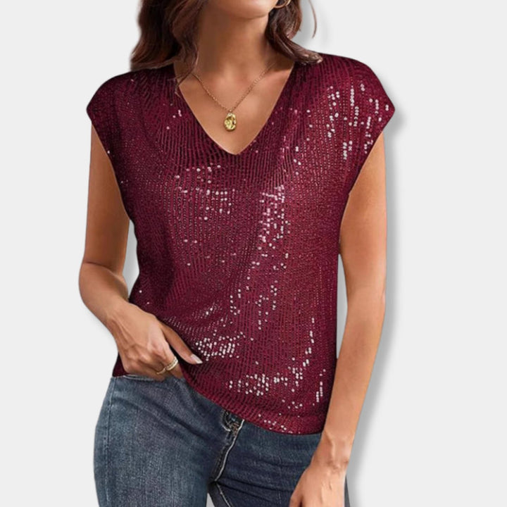 Women's Sequin V-Neck Cap-Sleeve Going Out Top - Red