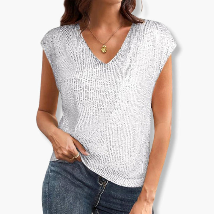 Women's Sequin V-Neck Cap-Sleeve Going Out Top - White