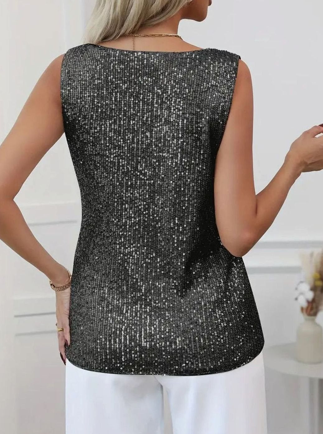 Women's Sequin V-Neck Sleeveless Going Out Top