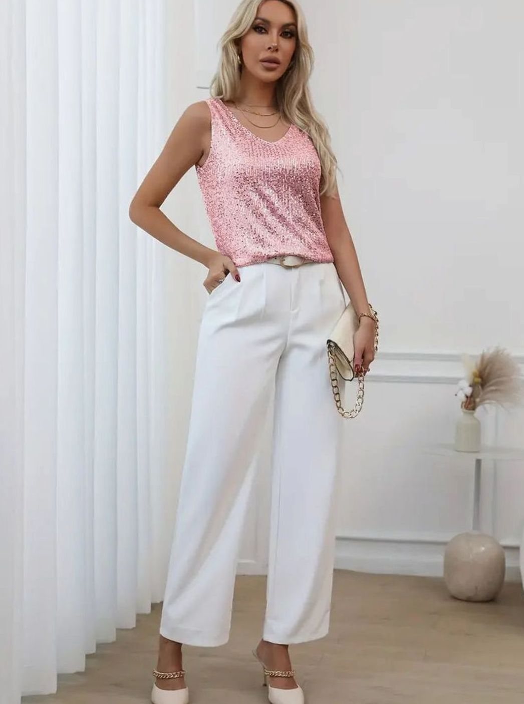 Women's Sequin V-Neck Sleeveless Going Out Top