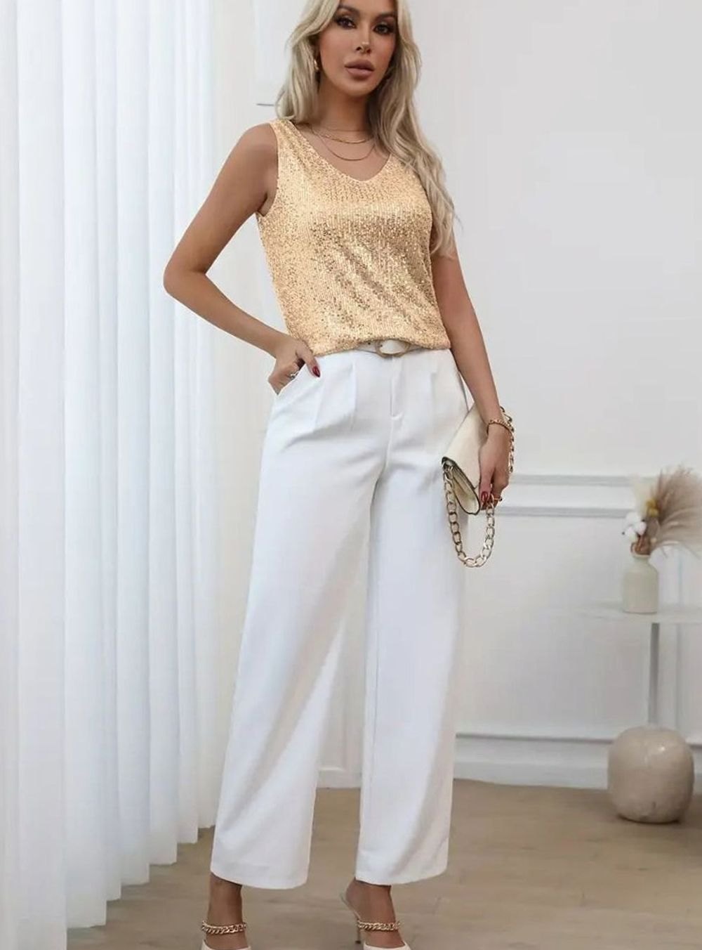 Women's Sequin V-Neck Sleeveless Going Out Top