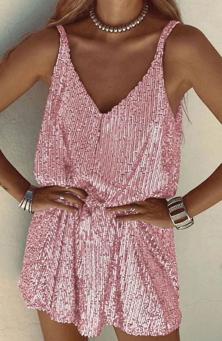 Women's Sequin V-Neck Spaghetti Strap Mini Dress - Pink