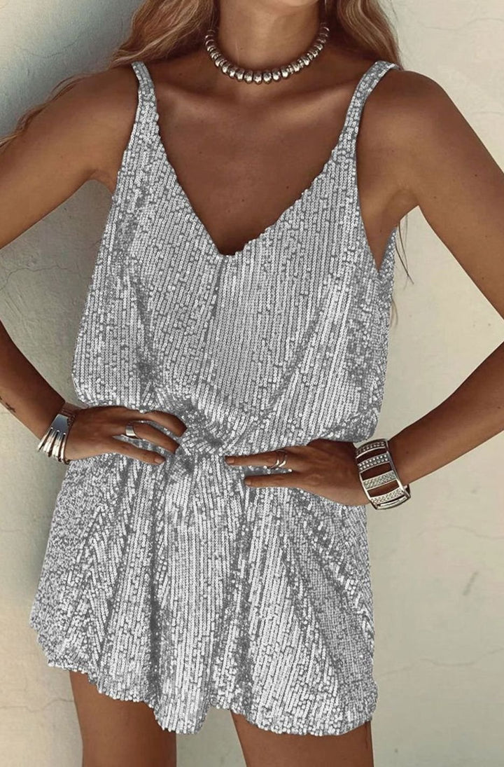 Women's Sequin V-Neck Spaghetti Strap Mini Dress - Silver