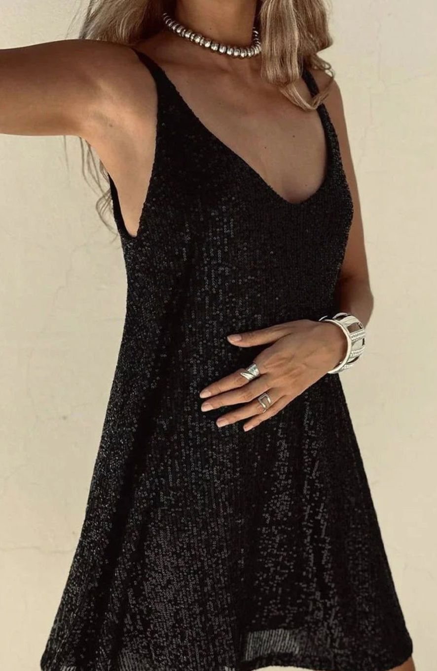 Women's Sequin V-Neck Spaghetti Strap Mini Dress - Black