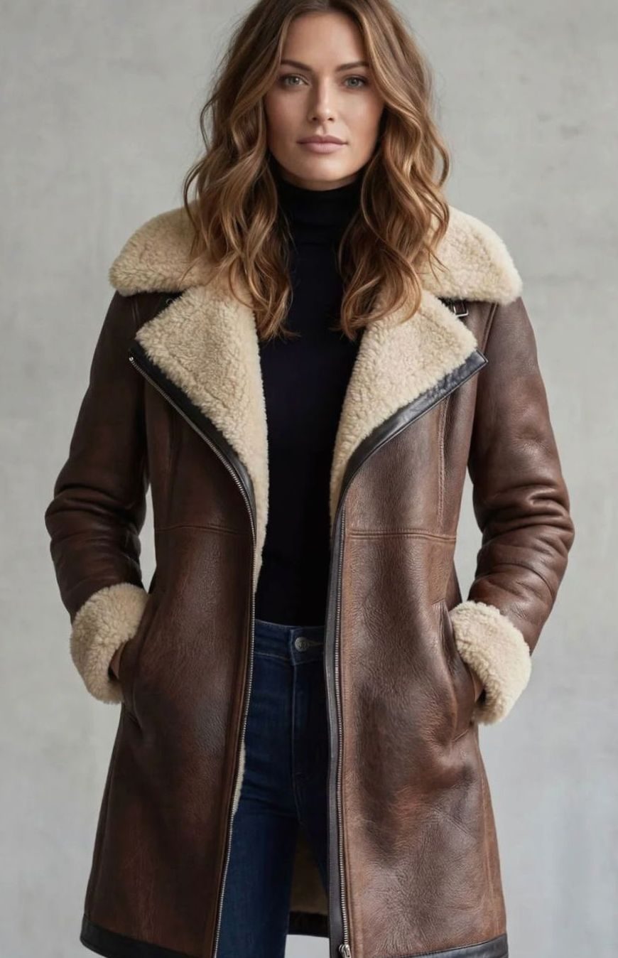 Women's Shearling-Lined Elegant Leather Coat - Brown