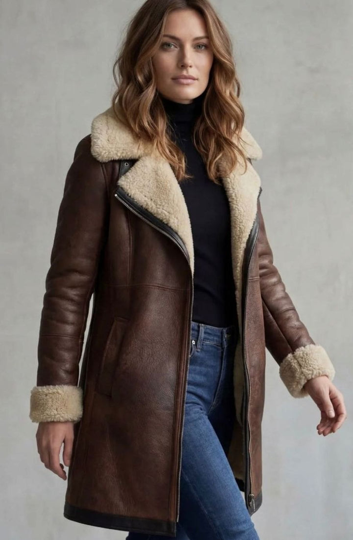 Women's Shearling-Lined Elegant Leather Coat