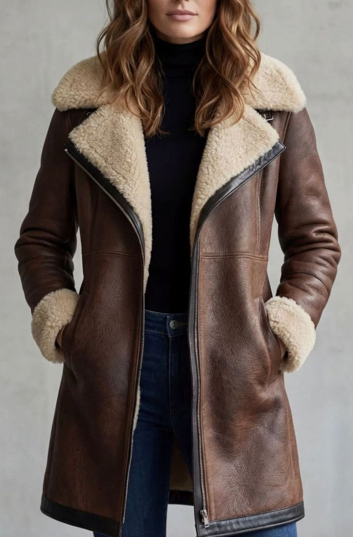 Women's Shearling-Lined Elegant Leather Coat