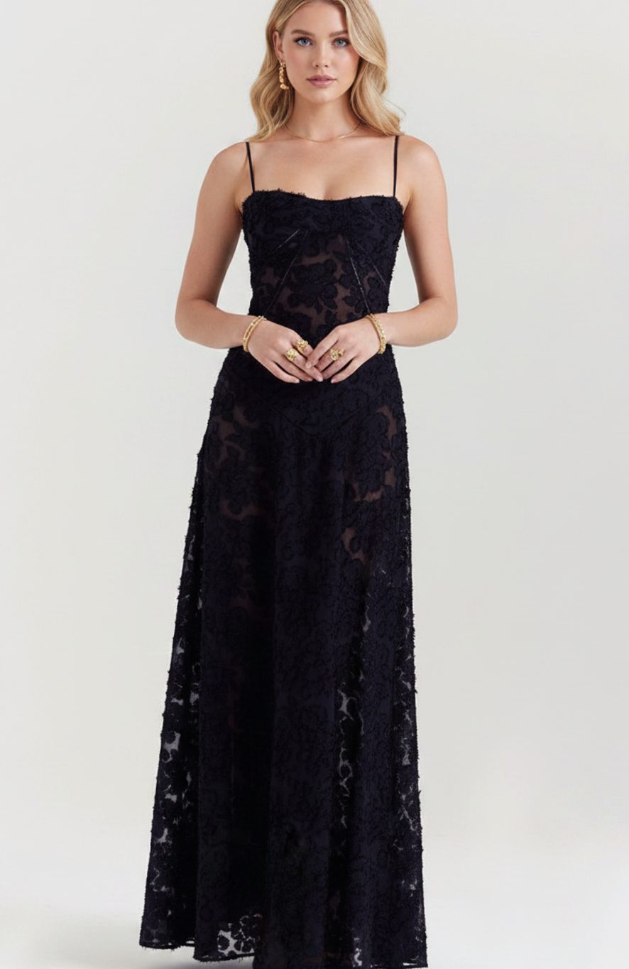 Women's Sheer Velvet Floral Corset-Bodice Seren Maxi Dress