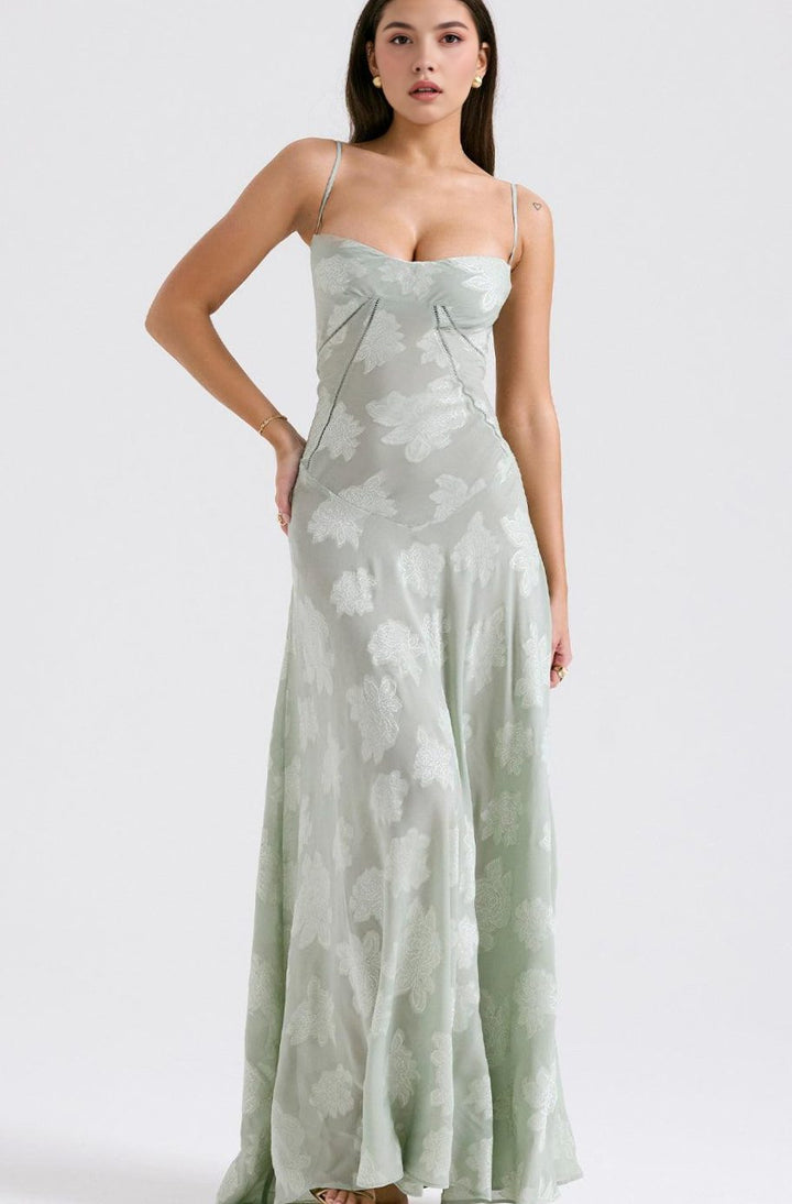 Women's Sheer Velvet Floral Corset-Bodice Seren Maxi Dress - Emerald Green