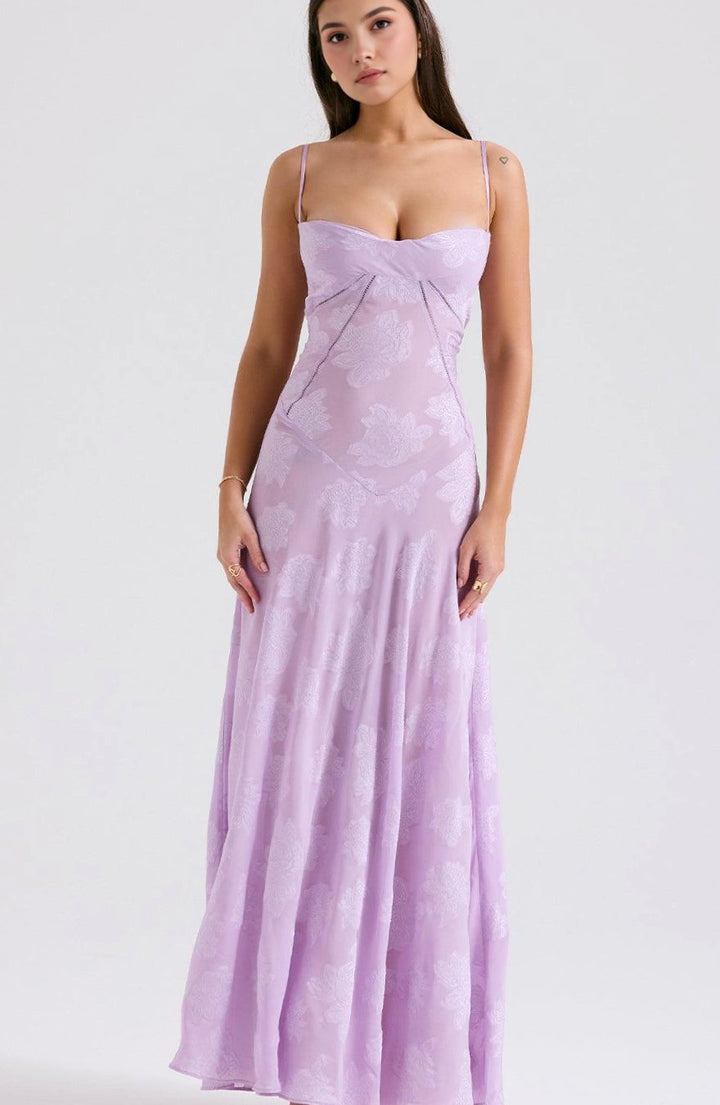 Women's Sheer Velvet Floral Corset-Bodice Seren Maxi Dress - Lilac