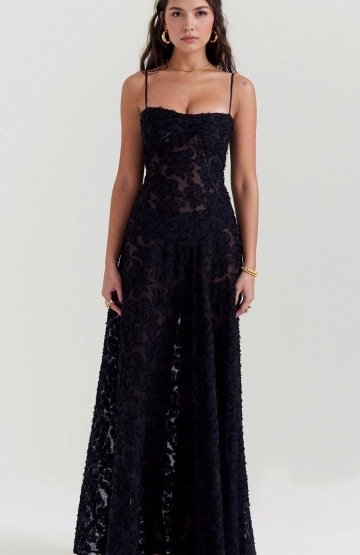 Women's Sheer Velvet Floral Corset-Bodice Seren Maxi Dress - Black