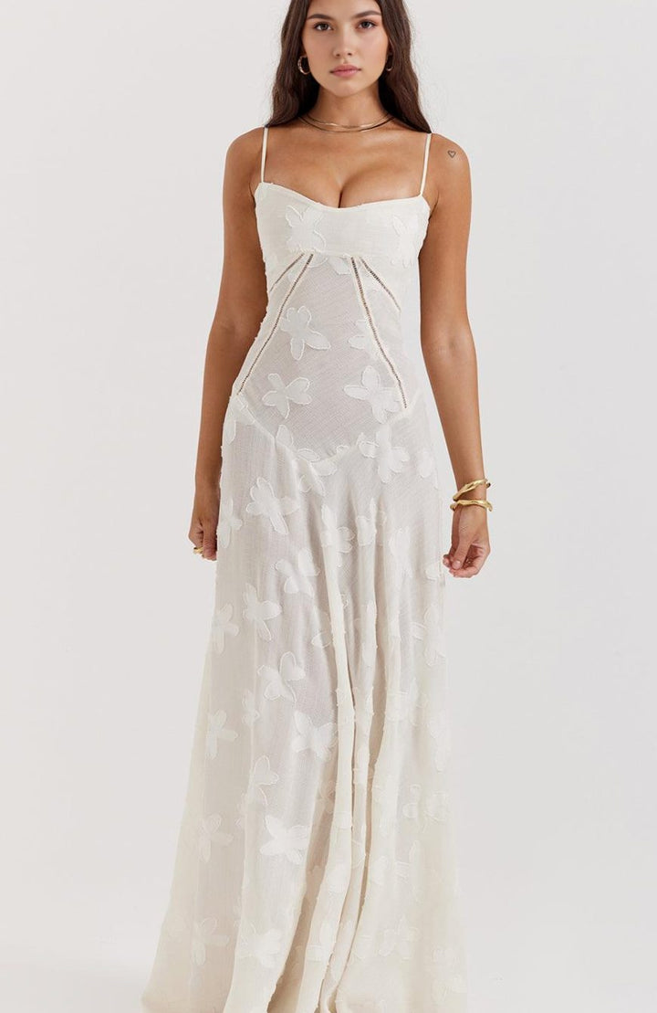 Women's Sheer Velvet Floral Corset-Bodice Seren Maxi Dress - Off White