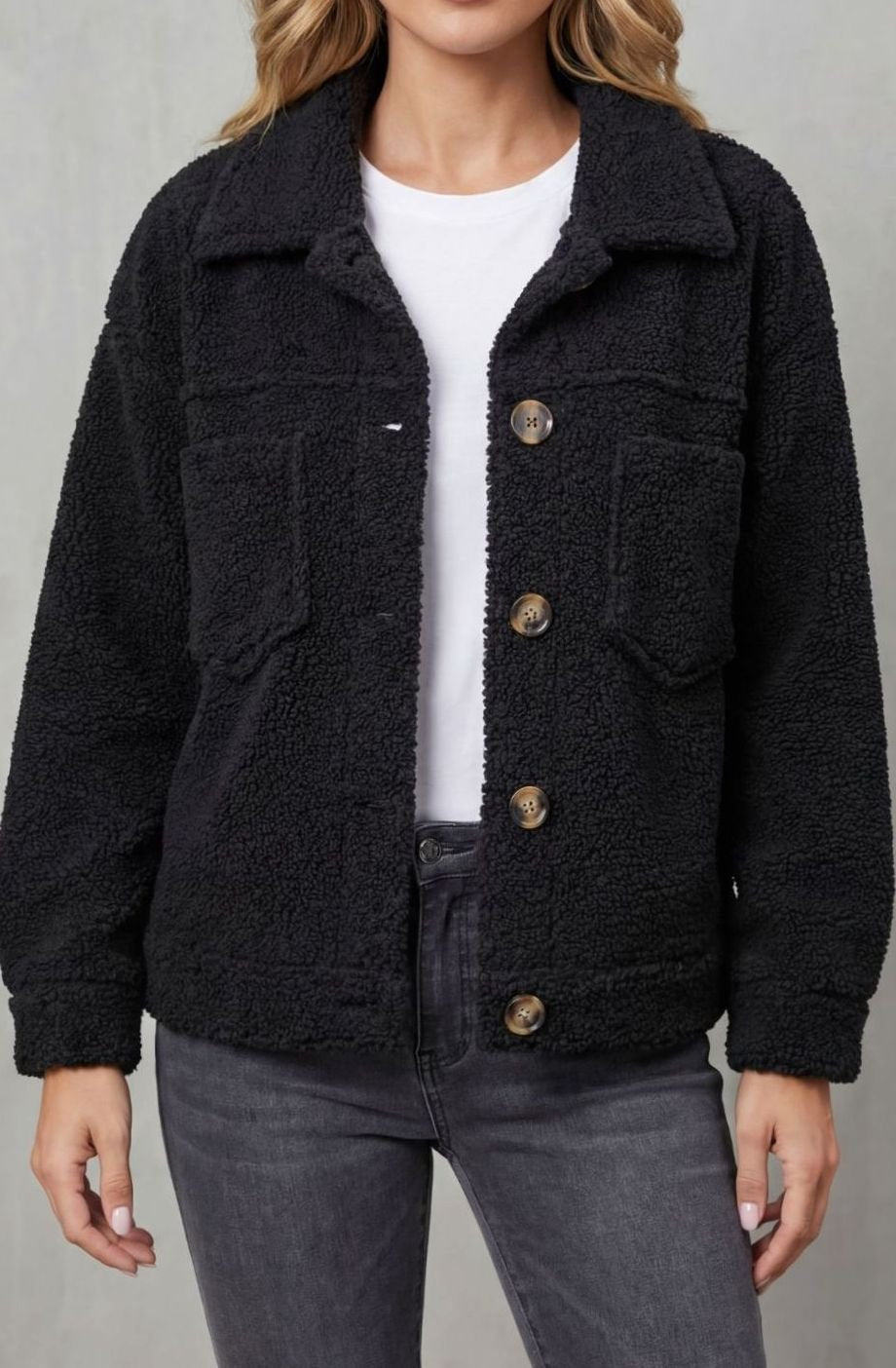 Women's Sherpa Fleece Button-Up Jacket with Chest Pockets - Black