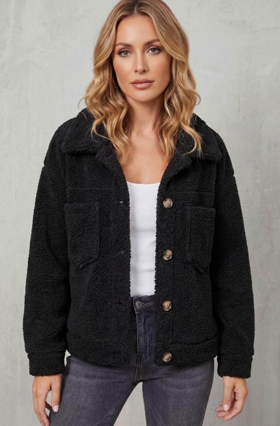 Women's Sherpa Fleece Button-Up Jacket with Chest Pockets