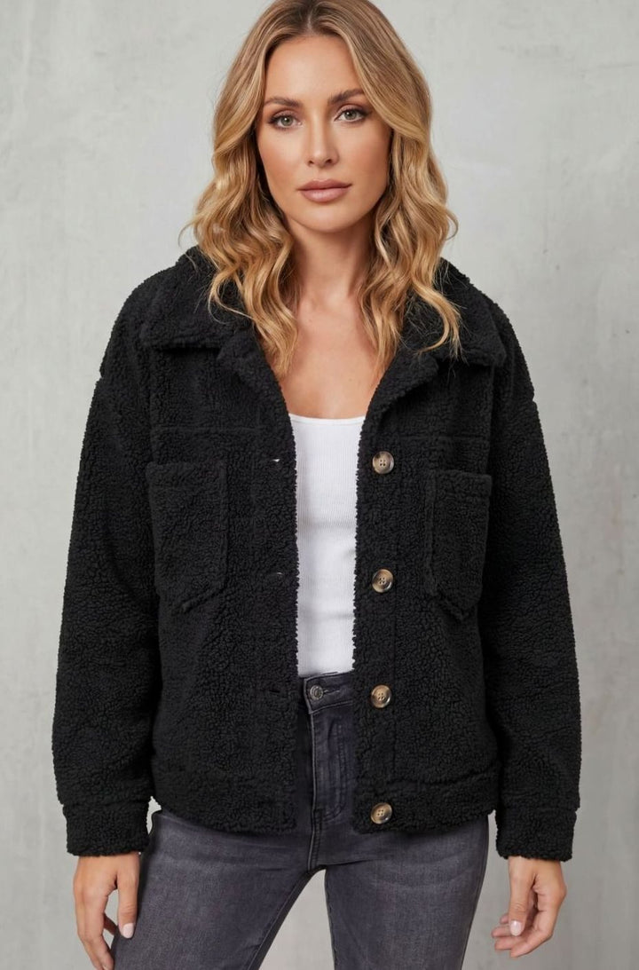 Women's Sherpa Fleece Button-Up Jacket with Chest Pockets