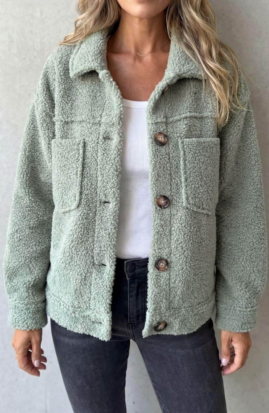 Women's Sherpa Fleece Button-Up Jacket with Chest Pockets - Sage