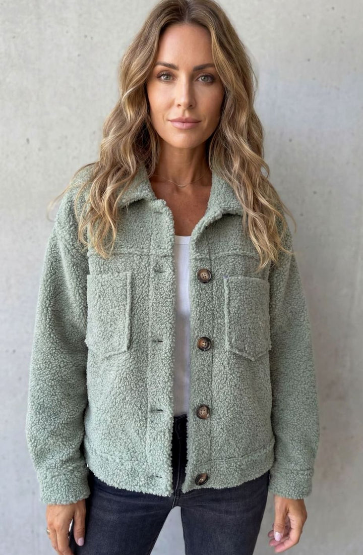 Women's Sherpa Fleece Button-Up Jacket with Chest Pockets