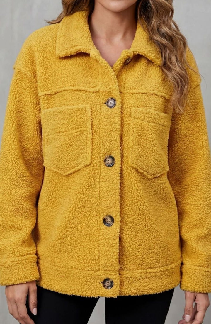 Women's Sherpa Fleece Button-Up Jacket with Chest Pockets - Yellow